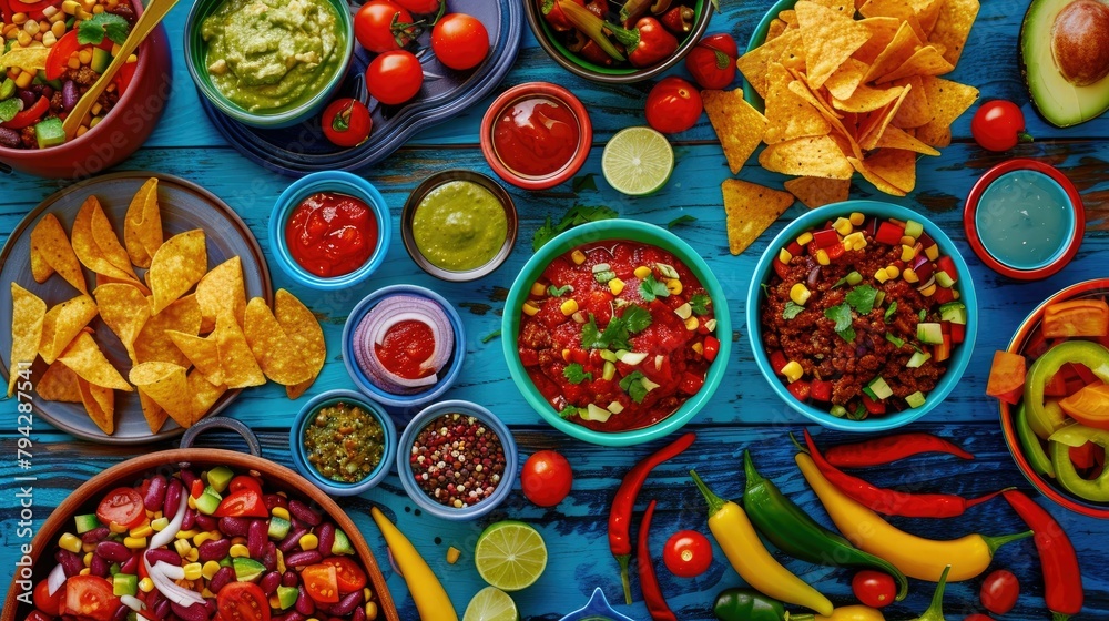 Feast your eyes on a vibrant Mexican spread featuring classic dishes like chili con carne tacos tangy tomato salsa and crispy corn chips with creamy guacamole The colorful tableau is beauti