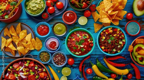 Feast your eyes on a vibrant Mexican spread featuring classic dishes like chili con carne tacos tangy tomato salsa and crispy corn chips with creamy guacamole The colorful tableau is beauti