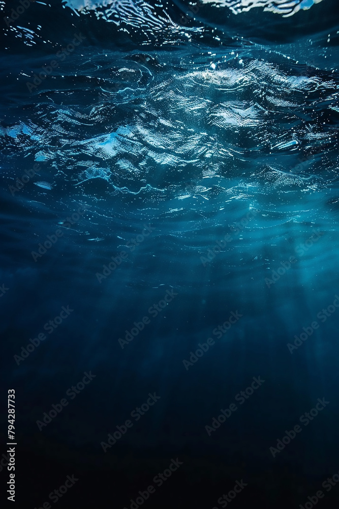 underwater view of dark blue ocean water, under the surface. High quality photo