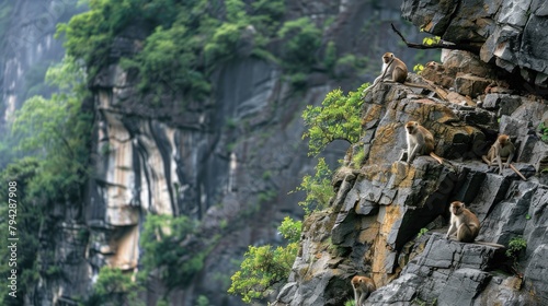 a rock wall adorned in lush green vegetation, home to a community of brown monkeys, their playful antics contrasting against the sharp corners of the rocks.