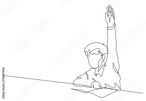 continuous line drawing of boy kid raising hand for asking teacher © dhtgstockphoto