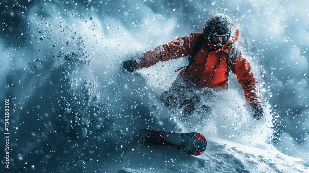 A daring snowboarder in a striking red jacket skillfully navigates down a snowy slope, gracefully carving through the icy powder with precision. A daring snowboarder in a striking red jacket skillfully navigates down a snowy slope, gracefully carving through the icy powder with precision.
