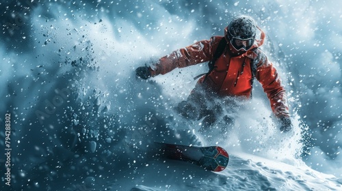 A daring snowboarder in a striking red jacket skillfully navigates down a snowy slope, gracefully carving through the icy powder with precision. © Vitalii But