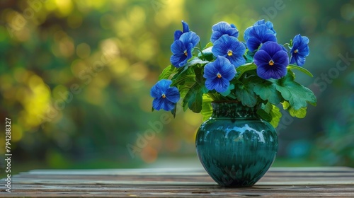 Mother s Day Greeting Card with Blue Pansy Flowers in a Green Vase on Wooden Table Outdoors photo