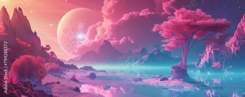 Panoramic fantasy world under a pink twilight sky with a large moon photo