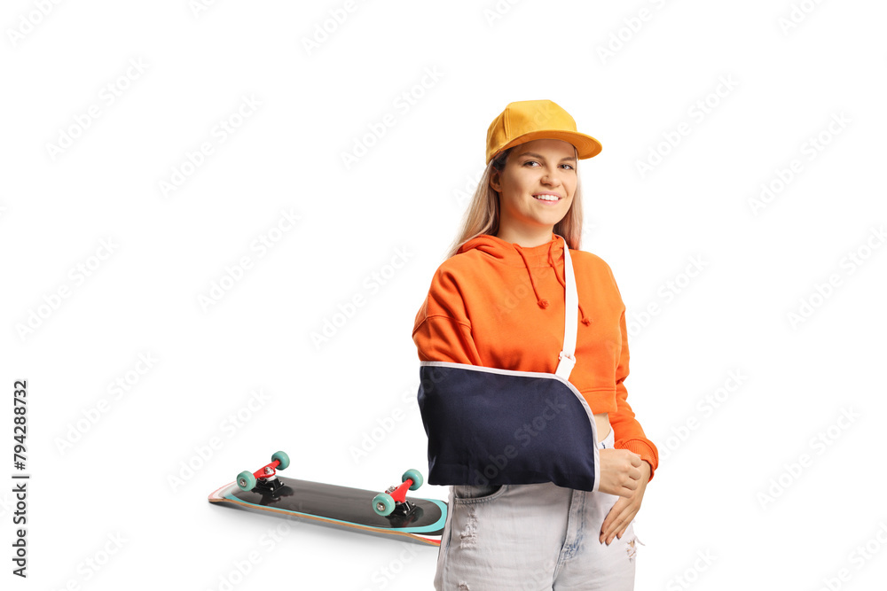 Young female skater with a broken arm wearing an arm splint Young female skater with a broken arm wearing an arm splint