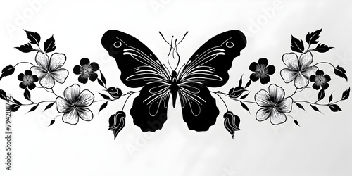 Tattoo And T Shirt Design Black And White Hand Drawing Butterfly Flower Vector Artwork.