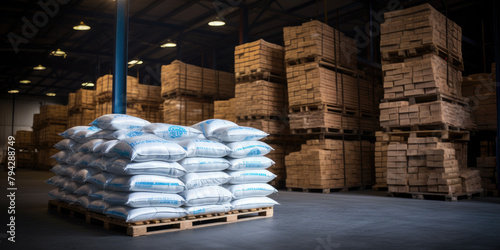 Within the vast confines of the hangar warehouse, the space is occupied by large white polyethylene bags, indicative of the logistical operations of industrial firms. photo