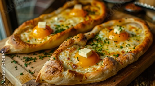 Abkhazian khachapuri. Khachapuri in the shape of boats is stuffed to overflowing with cheese, and decorated with a neat yolk and a piece of butter on top.