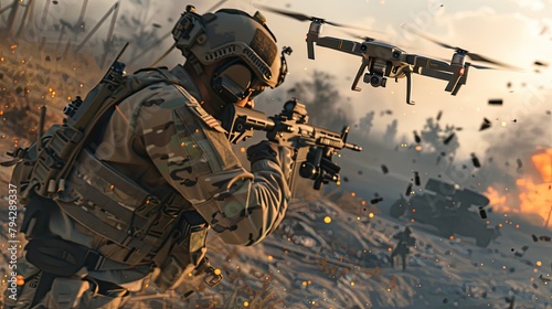a soldier in a field, strategically setting up drones for combat in an ultra-realistic fighting style. © lililia