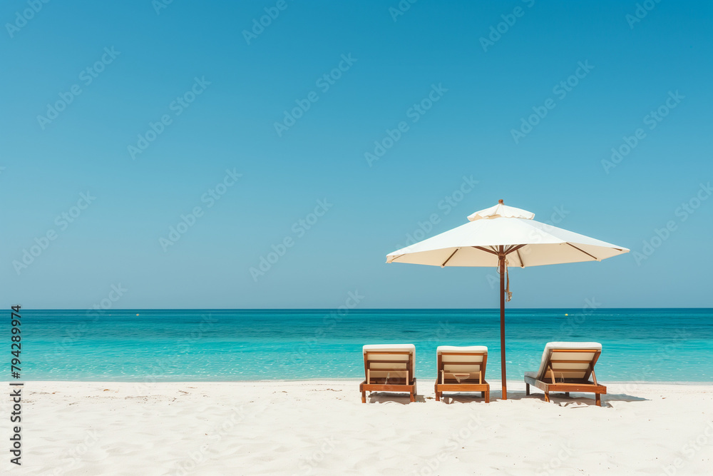 tropical vacation background. Sundbeds under the sun shade on sandy tropical beach. High quality photo