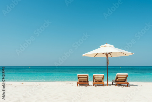 tropical vacation background. Sundbeds under the sun shade on sandy tropical beach. High quality photo