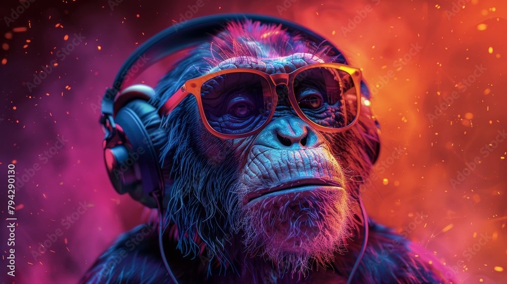 Digitally enhanced chimp listens to music amid a vivid neon backdrop