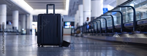 carry-on baggage at the airport, portrayed in a lifestyle photography style, resting effortlessly, showcasing its convenient, versatile, and minimalistic design in a high key setting. photo