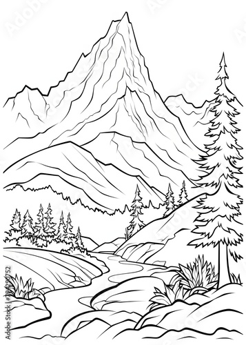 Mountain Coloring Page, Mountain outline coloring page, Mountain Scenery line art for coloring page, Mountain coloring Book, Adults Coloring Pages, AI Generative