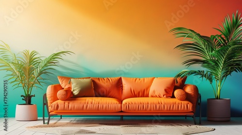 Modern Living Room with Tangerine Orange Sofa and Sunset Gradient Wallpaper Accented by Lush Green Plants © Sheharyar