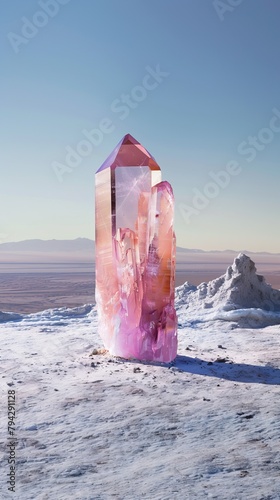 a large pink crystal against a desert background. abstract beautiful landscape background. Surreal Contemporary minimal landscape Background