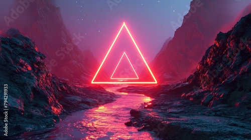 The great red floating triangle beyond the river that surrounded with a lot amount of the tall mountains at the dawn or dusk time of the day that shine light to the every part of the picture. AIGX03.