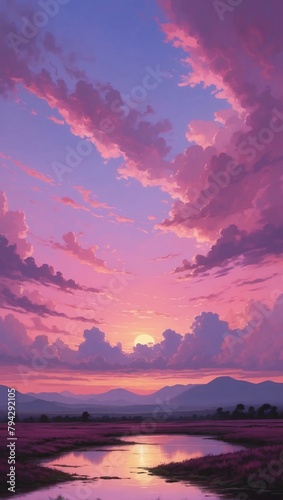 Landscape View of a Sunset Sky Painted in Shades of Pink and Purple. © xKas