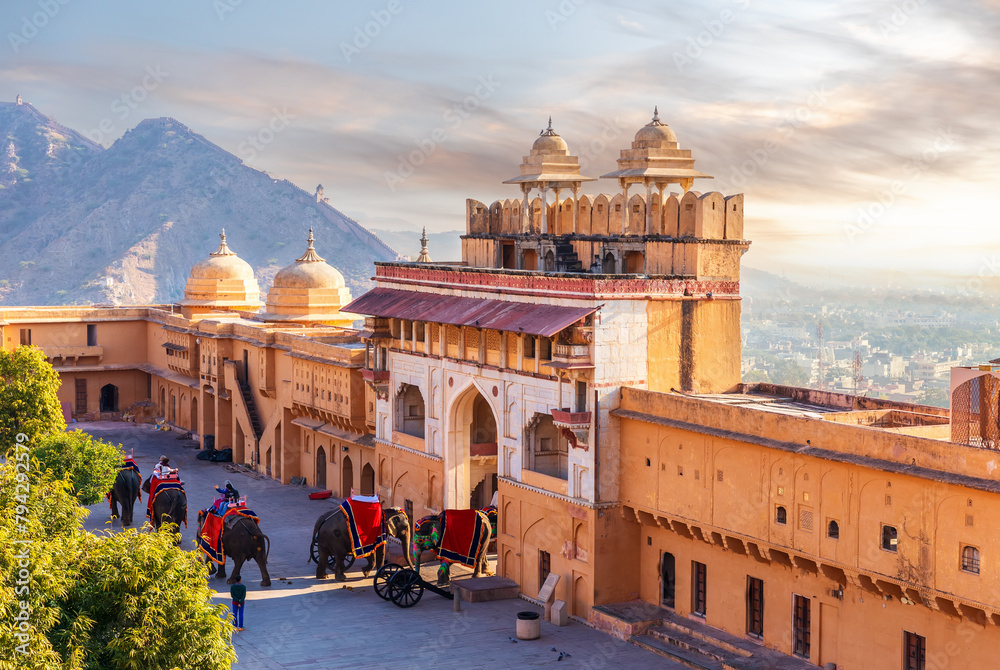Elephant riders in Amber Fort, famous tourist attraction of Jaipur, India