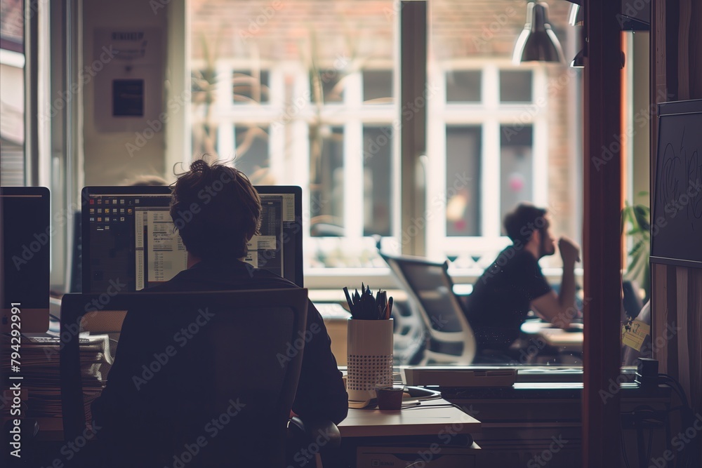 two people work in an office at a computer, rear view, office workers and windows are visible on a blurred background two people work in an office at a computer, rear view, office workers and windows are visible on a blurred background
