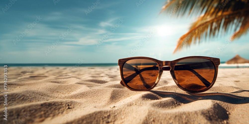 Close-up of sunglasses on sandy beach with a palm tree and ocean in the background.