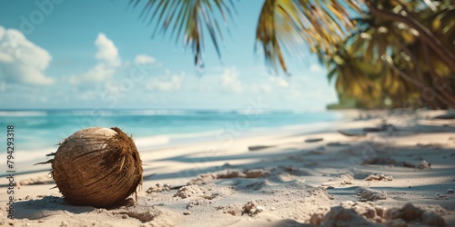A coconut lies on a sandy beach, palm trees and ocean in the background.