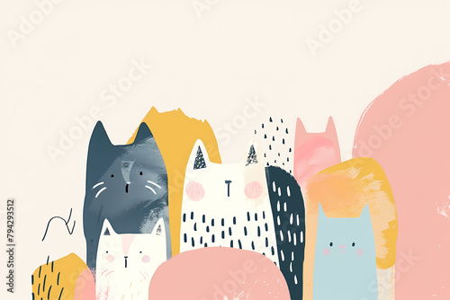 A whimsical assembly of stylized cats depicted in pastel tones. photo