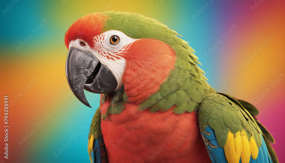 Colorful Parrot Against Gradient Rainbow Background