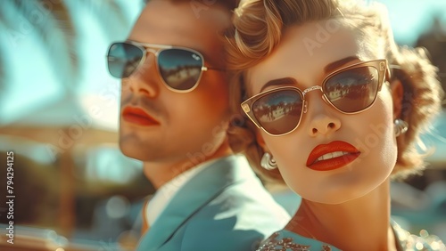 A s-Inspired Movie Star Couple Radiating Vintage Glamour Outdoors. Concept Cinematic Style, Vintage Glamour, Outdoor Setting, 1950s-inspired, Movie Star Couple