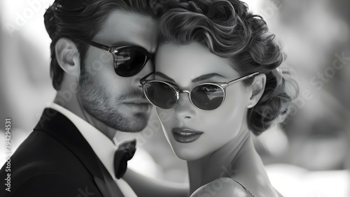 Vintage Glamour: s-Style Movie Star Couple in Sunglasses Outdoors. Concept Vintage Glamour, 50s Style, Movie Star Couple, Sunglasses, Outdoors photo