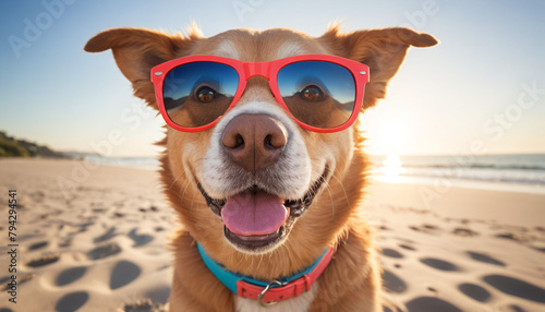 Dog with Red Sunglasses at the Beach photo