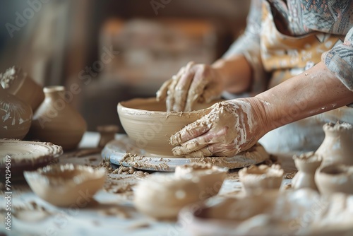 Mature woman ceramist in the workshop makes mug out of clay. Closeup of female potter hands. Art and small business. Creation of ceramic products. Person at work creating handmade cup in studio