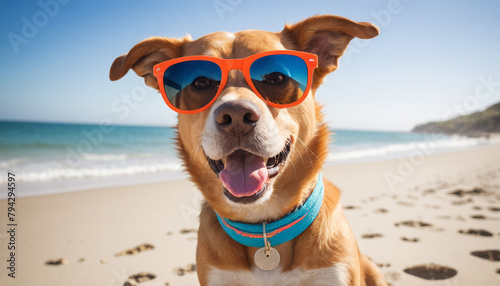 Dog with Red Sunglasses at the Beach photo