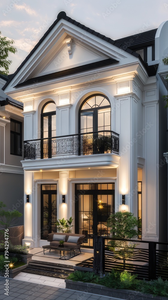 a two-story white minimalist house, accented by a sleek black roof, tropical garden, and balcony railings, bathed in the warm afternoon light.