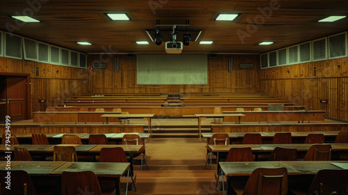 A large auditorium with wooden chairs and tables photo