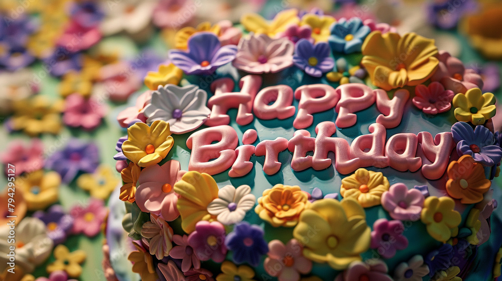 A festive birthday cake covered in vibrant icing flowers, with a joyful 