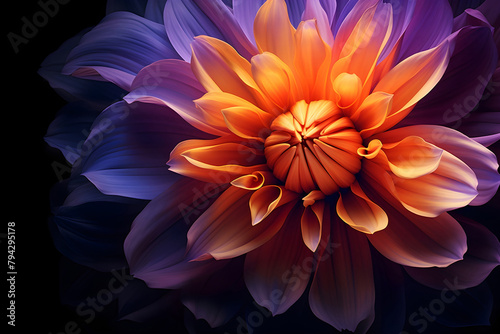 Detailed view of a vibrant purple and orange flower in bloom.