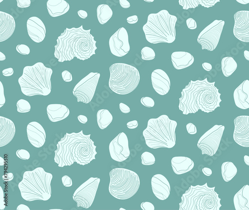Seamless background of various seashells and pebbles, pattern with seashells.