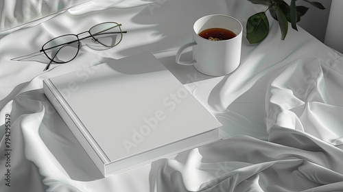 a white book mockup, accompanied by a steaming cup of coffee and a pair of glasses resting on a rumpled bed.