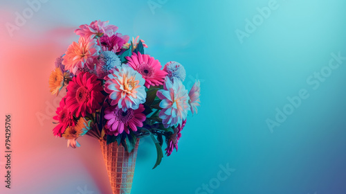 Colorful flowers arranged in ice cream cone against gradient background