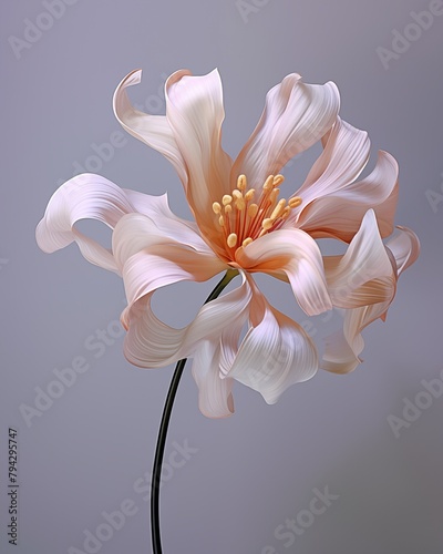 Interior photo with a flower. Pastel colors. A blurry photo of a swirling white flower with a long stem, white background, creamy tones, simple shape.