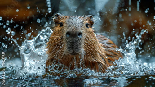   A tight shot of a rodent submerged in water, beads of H2O dotting its furrowed face photo