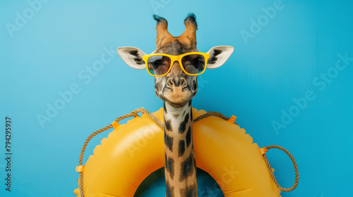 Giraffe wearing sunglasses with a yellow lifebuoy on a blue background