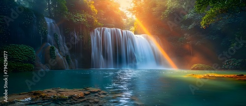 Serene waterfall in lush rainforest with a rainbow and calming ambiance. Concept Nature  Waterfall  Rainforest  Rainbow  Serenity