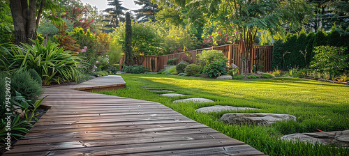 Backyard With Wooden Deck and Stone Walkway
