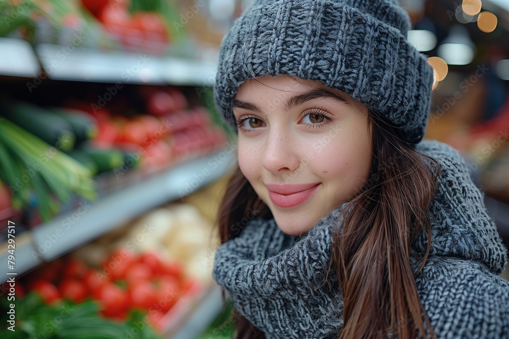 A woman wearing a gray hat and scarf is smiling at the camera in a grocery store. She is surrounded by produce, including a large pile of tomatoes A woman wearing a gray hat and scarf is smiling at the camera in a grocery store. She is surrounded by produce, including a large pile of tomatoes