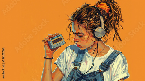 A teenage girl with a scrunchie in her hair and denim overalls, holding a Walkman and listening to her favorite cassette tape, Teenage, 90s, Portrait photo
