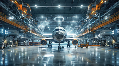 A large airplane is sitting in a large hangar with many other airplanes © Art AI Gallery