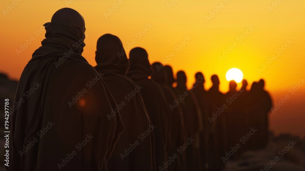 As the sun sets on the horizon a line of figures in dark robes stands in a row faces concealed. They are participating in a . .